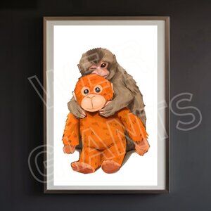 Punch Monkey w/ Stuffed Animal Portrait 11x17 Art Print
